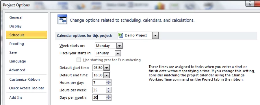 Editing Calendar options to Match schedule screenshot in Microsoft Project