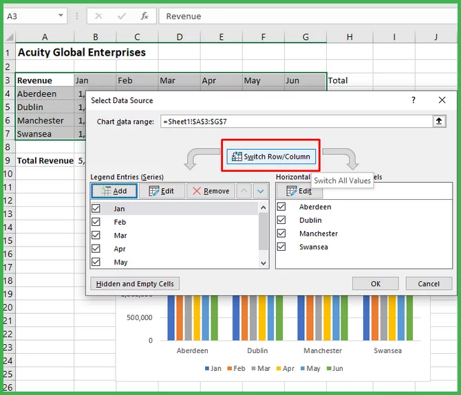 Highlighting the switch/row column button and how to get there