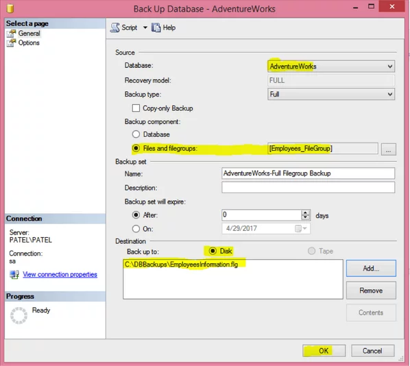 Highlights all options for the backup file