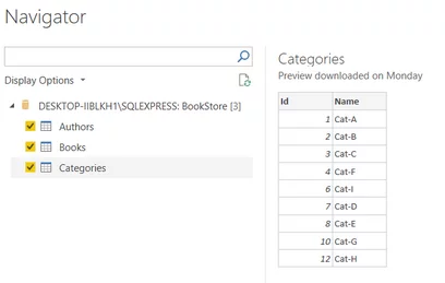 Shows the categories from table names