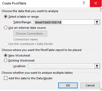 Create PivotTable dialog box