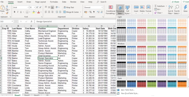 Format as table in Home ribbon
