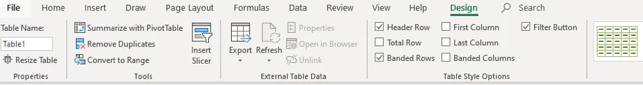 Shows the options available in the design tab