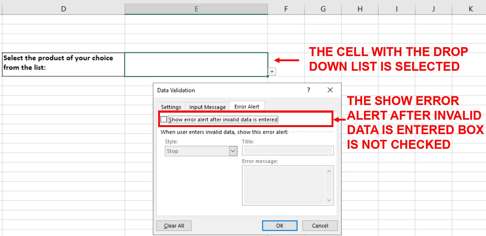 Screenshot showing the check box that says Show error alert after invalid data is entered cleared