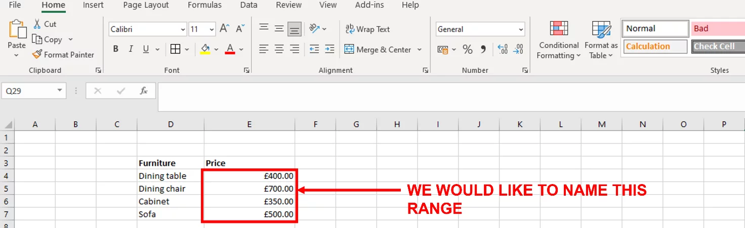 Screenshot showing the range that we would like to name.