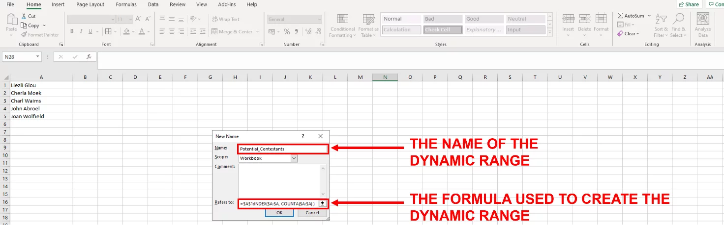 Screenshot showing the INDEX function being used to create the dynamic range in the Refers to: section of the New Name Dialog Box.