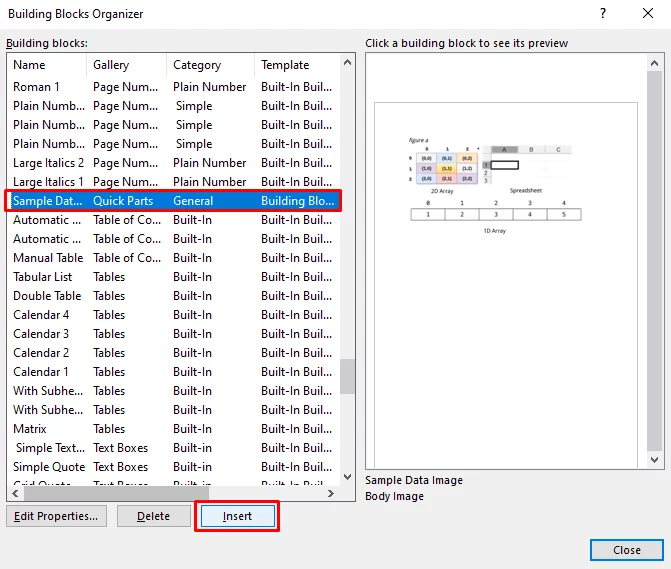 Shows how to find and insert a building block