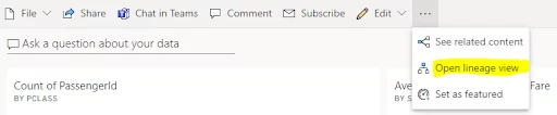 Accessing the lineage view for data in a dashboard