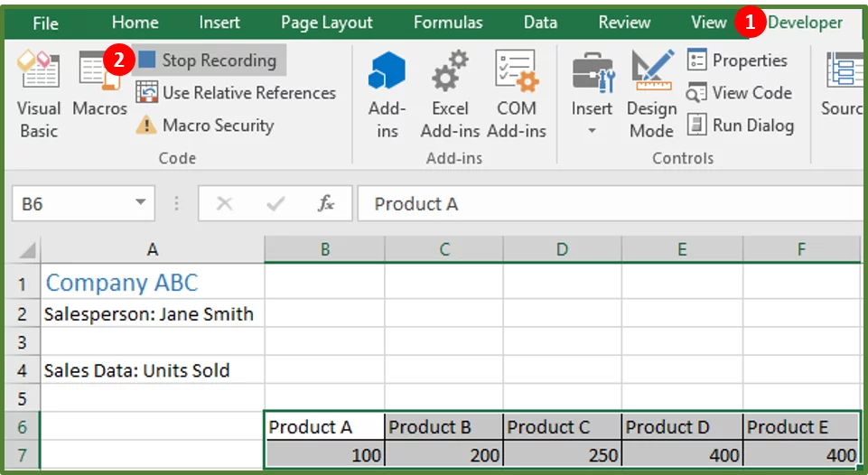 Screenshot showing the Stop Recording Option in the Code group on the Developer Tab on the Ribbon.