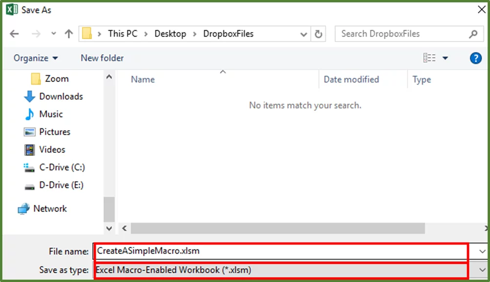 Screenshot showing the Save As Window with the Save as type: Excel Macro-Enabled Workbook highlighted.