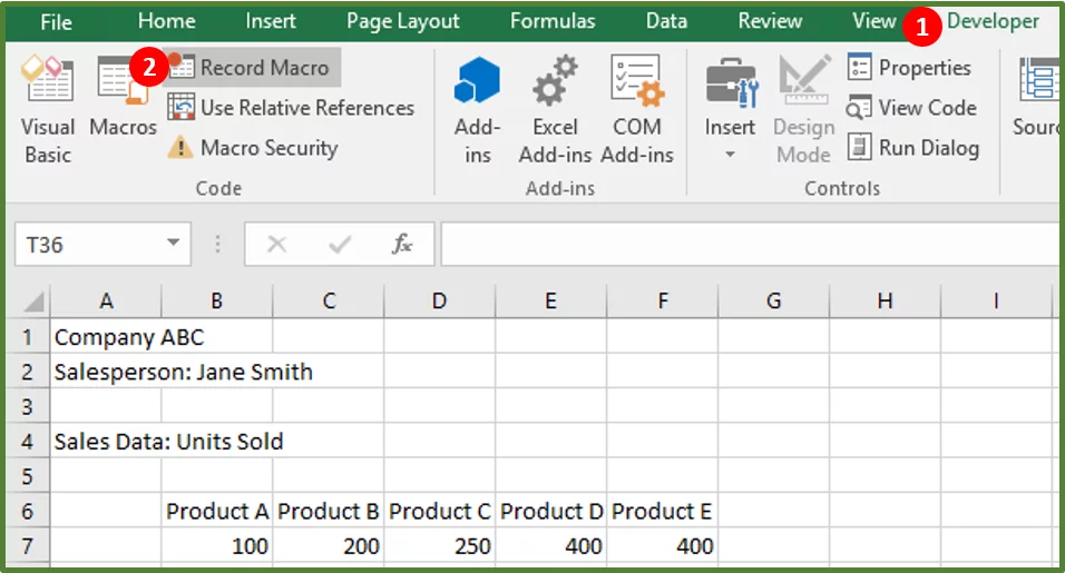 Screenshot showing the Record Macro option in the Code group on the Developer Tab on the Ribbon