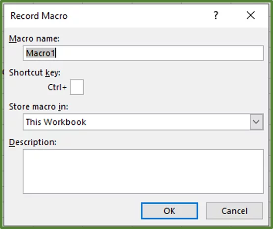 Screenshot showing the Record Macro Dialog Box