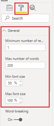 Updating the text size options for our word cloud.