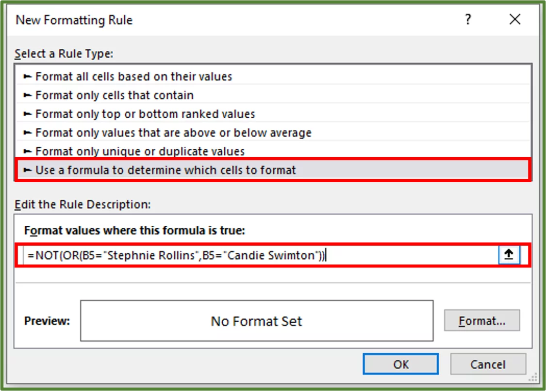 Screenshot showing the Use a formula to determine which cells to format option highlighted and the formula itself highlighted.