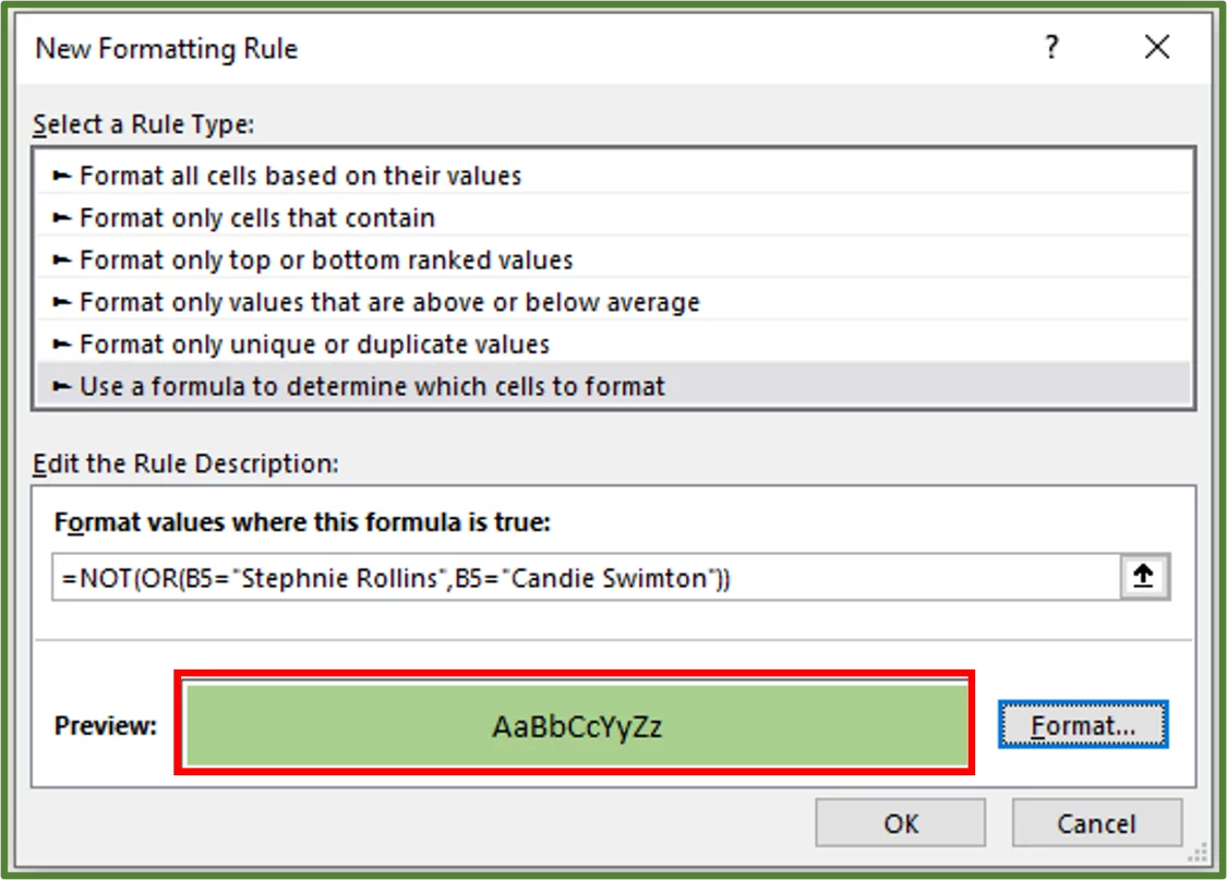Screenshot showing the preview of what the conditional formatting will look like highlighted.