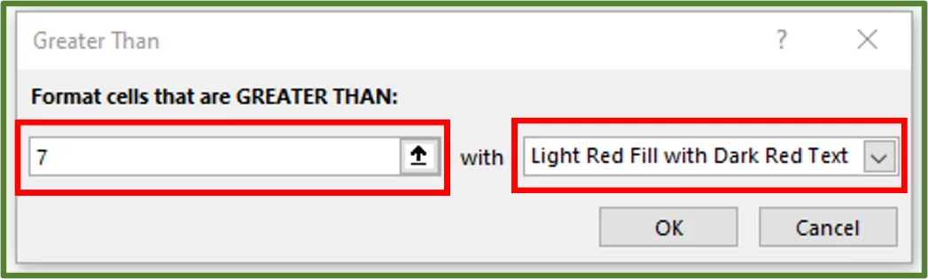 Screenshot showing the Greater Than Window with the Format cells that are GREATER THAN: section highlighted as well as the format option