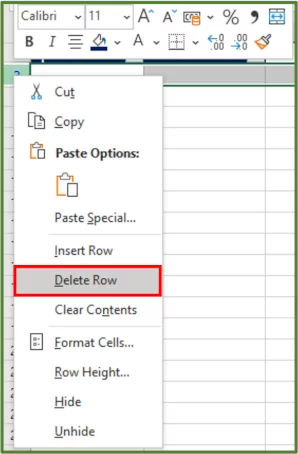 Screenshot showing the Delete Row option.