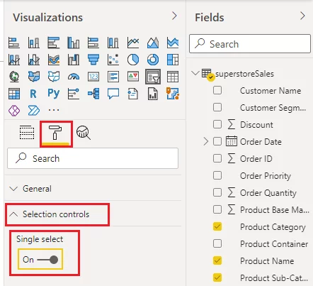 click the Format option next to the slicer properties and select Selection Controls