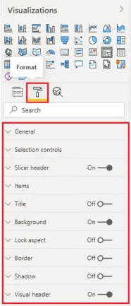 different formatting options to format selection controls, items, slicer header and background etc