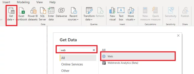 click on the “Get data” button from the ribbon menu on the dashboard