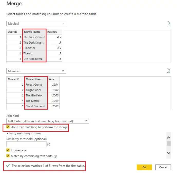 screenshot, where the Movies1 and title and genres tables are being merged.