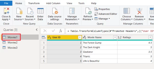 open the Power Query editor and select the Movies1 table