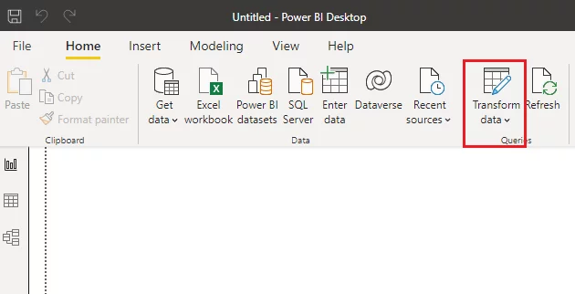 clicking the Transform data option from the top menu ribbon