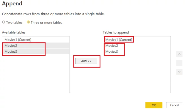 select the relevant tables from the Available tables list on the left and click Add to add them to the Tables to Append list on the right