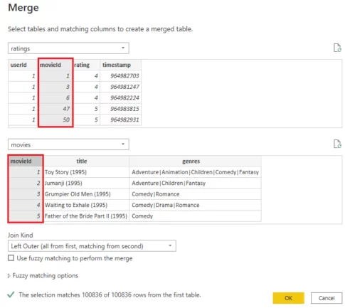 Select the movieid columns from both the tables and click the OK button
