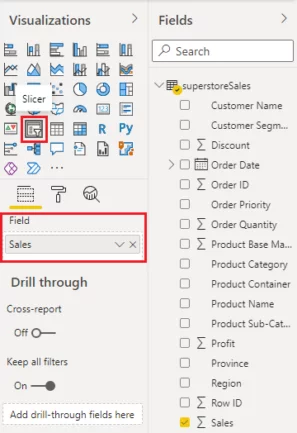 Slicer being created for the Sales option