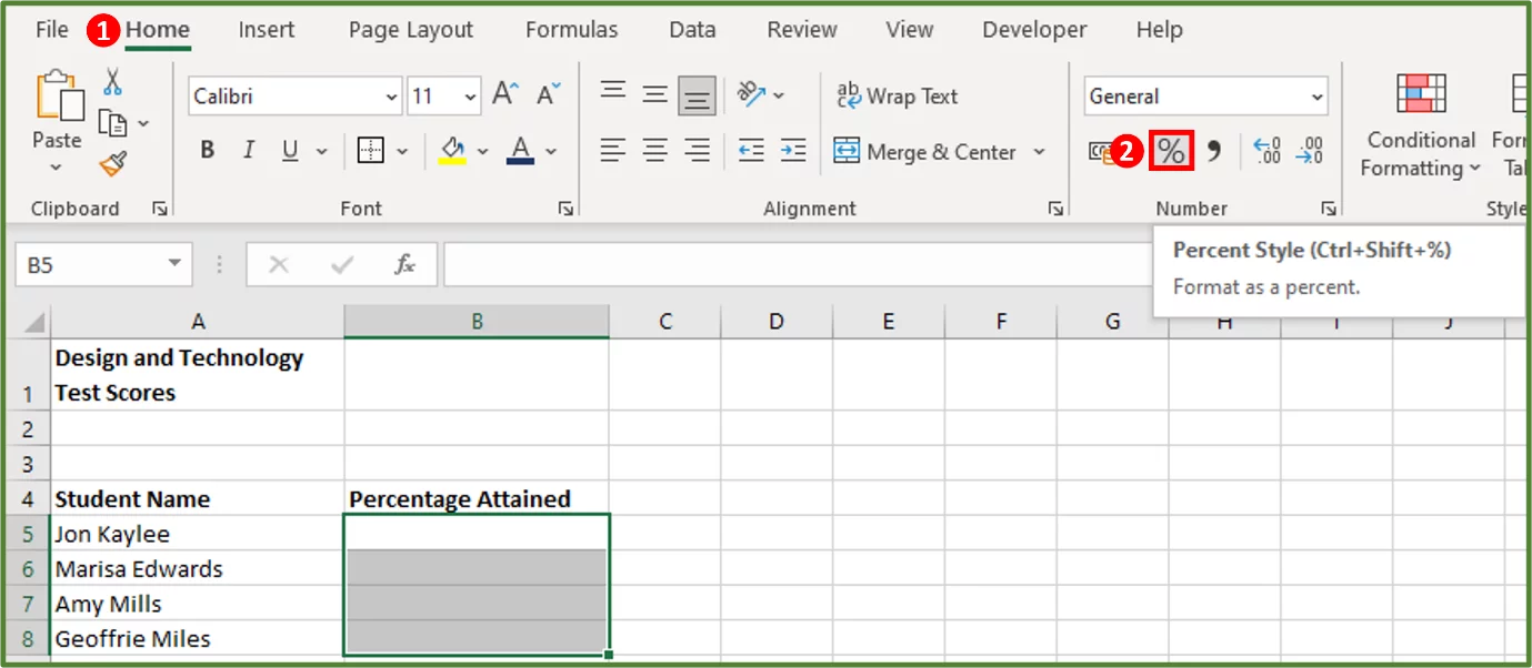 Screenshot showing the Home Tab and the Percentage option on the Number Group highlighted.