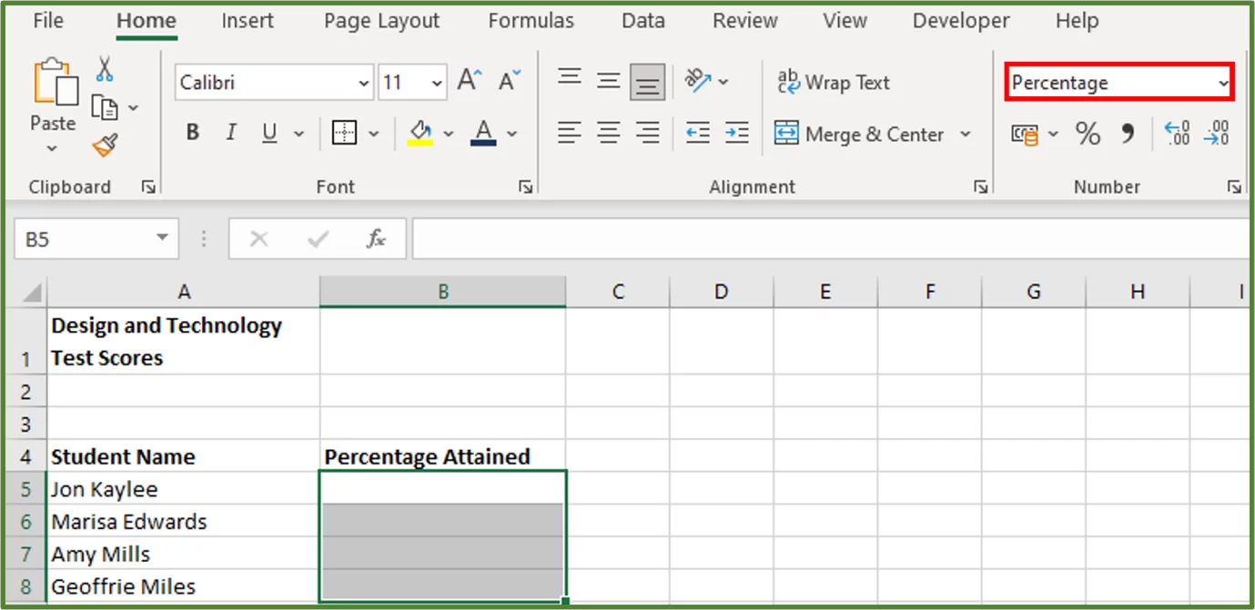 Screenshot showing the Percentage format option highlighted.