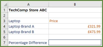 Screenshot showing the source data for the percentage difference simple example.