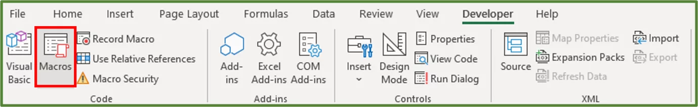 Screenshot showing the Macros option on the Code Group in the Developer Tab highlighted.