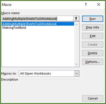 Screenshot showing the Macro Dialog Box.