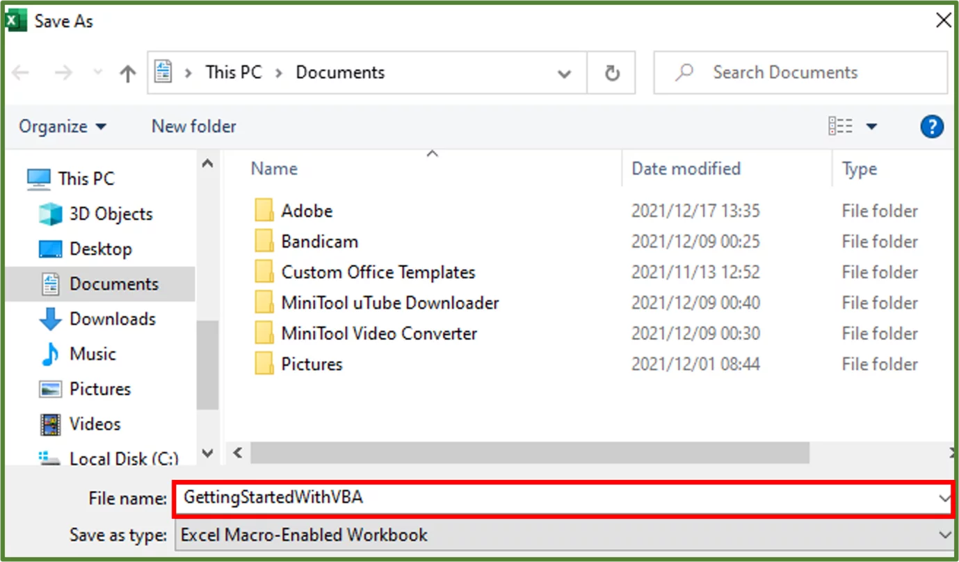 Screenshot showing the Save As Dialog Box with the Save as type: set to Excel Macro-Enabled Workbook.