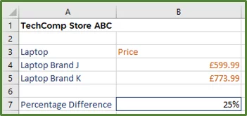 Screenshot showing the percentage difference in cell B7 with percent format applied.