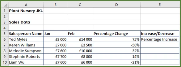 Screenshot showing cell E6 with the results of the IF Formula.