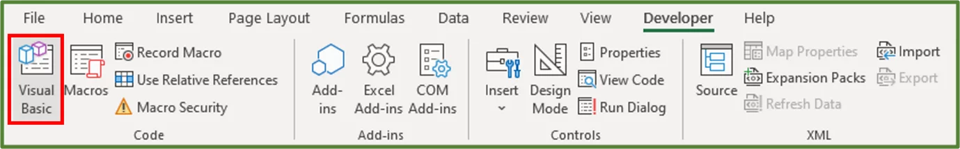 Screenshot showing the Visual Basic option on the Code Group, on the Developer Tab highlighted.