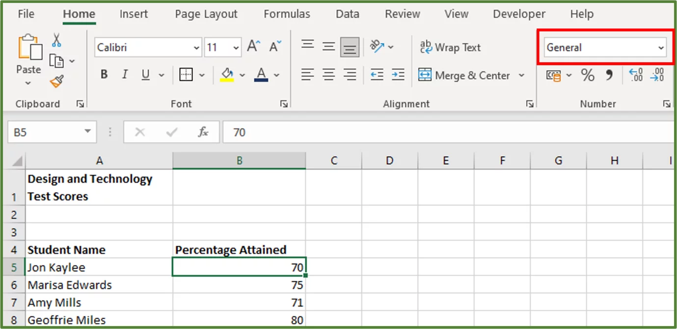 Screenshot showing cell B5 selected and the General format highlighted.