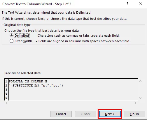 Text to Columns wizard step 1