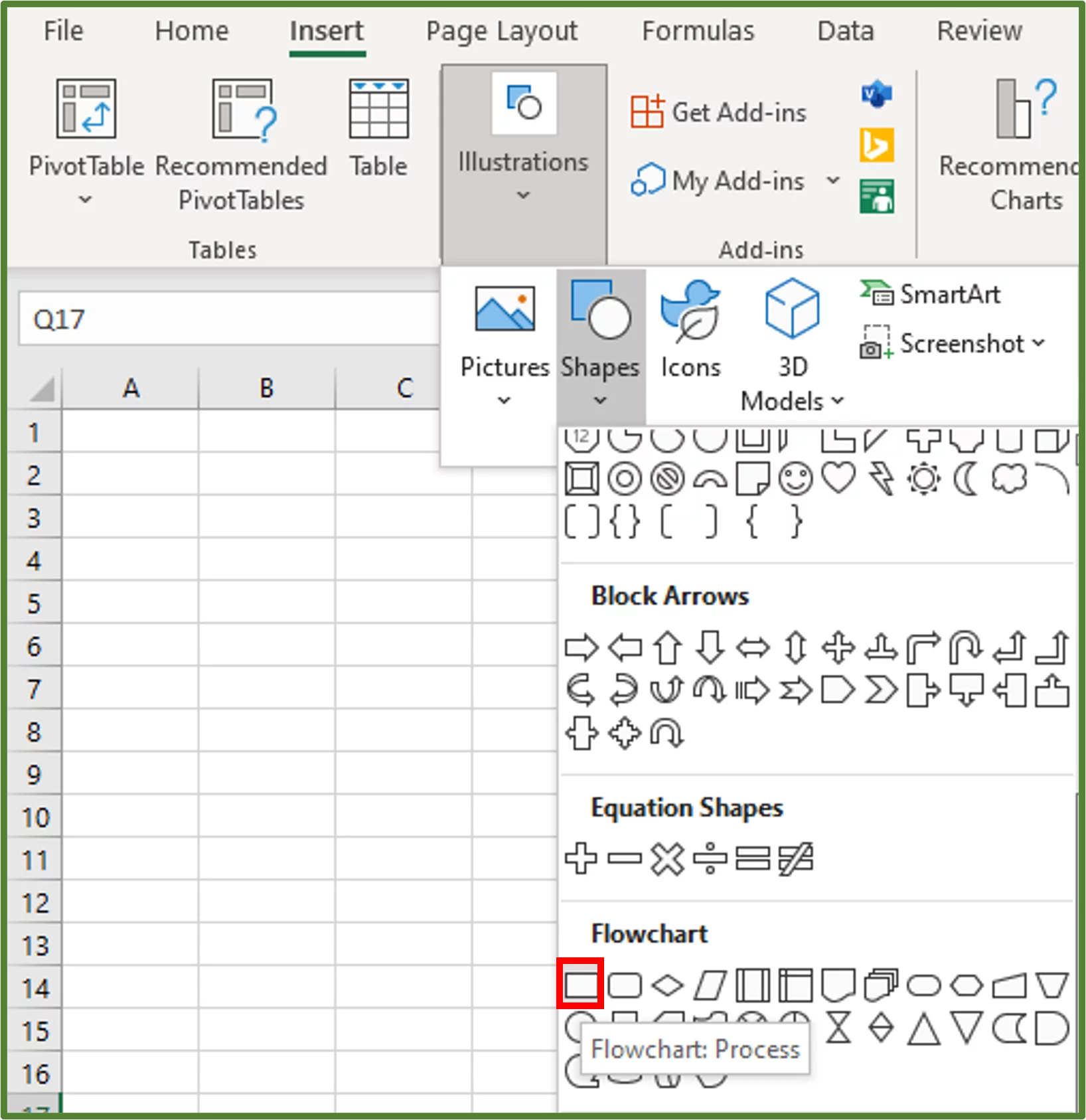 Screenshot showing the Flowchart:Process shape selected.
