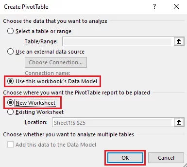 PivotTable dialogue box