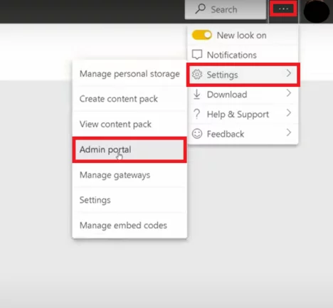 screenshot of locating the settings tab and selecting admin portal to create a workspace