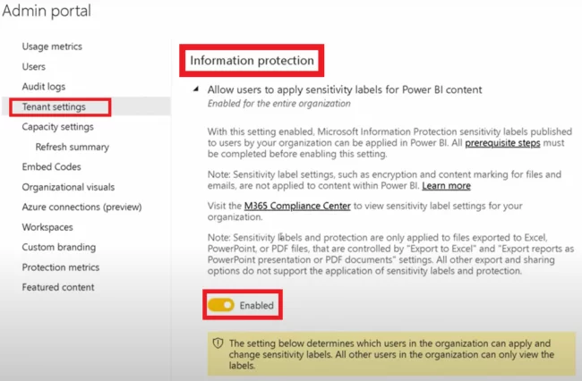 admin portal tenant settings information protection