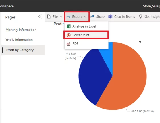 red selection shows export and powerpoint options