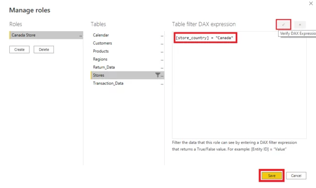screenshot shows how to verify the DAX Expression for errors, then Save to apply the role