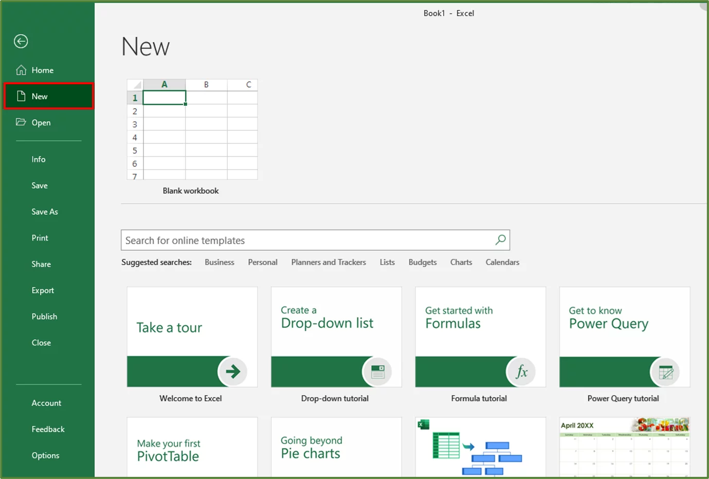 Screenshot showing the New Option in the File Tab, highlighted.