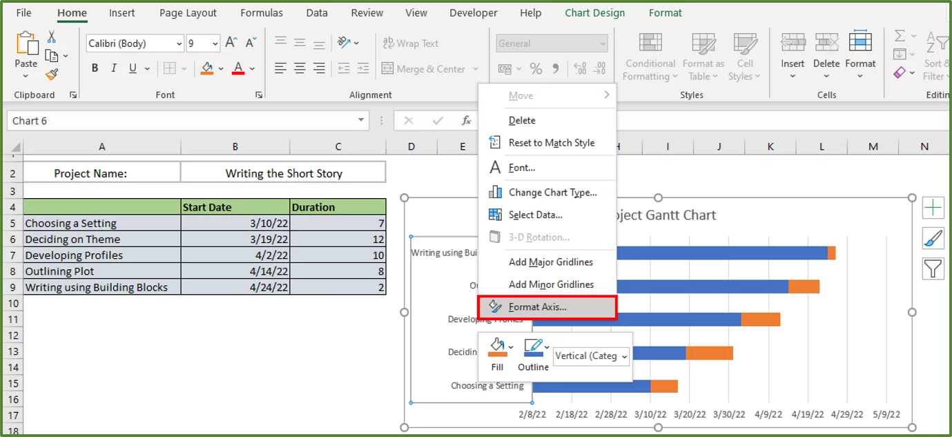Screenshot showing the Format Axis...option highlighted.
