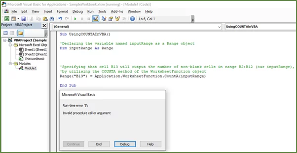 Screenshot showing the Error message generated.